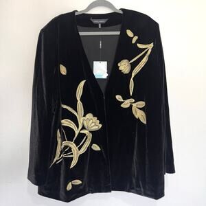 Ming Wang Jacket Plus Size 2X Black Velvet Gold Floral Embroidered Velour NWT